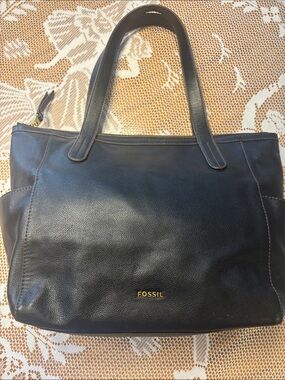 Fossil Black Leather Tote with Gold Logo